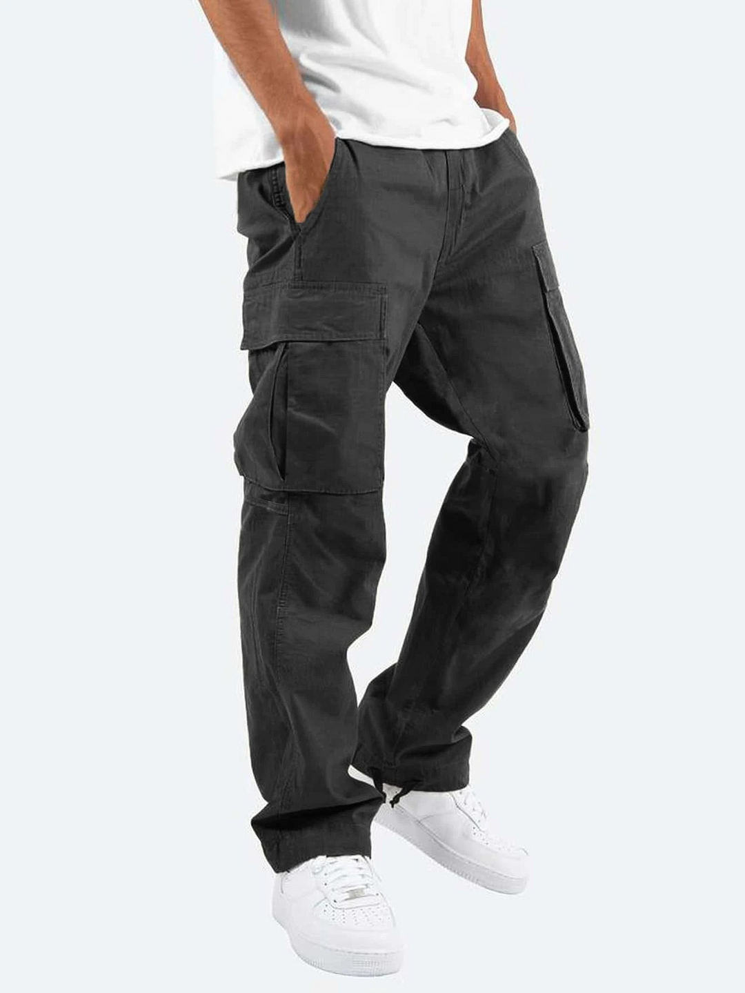 Men's comfortable utility cargo pants in a neutral color, featuring multiple functional pockets for everyday wear.