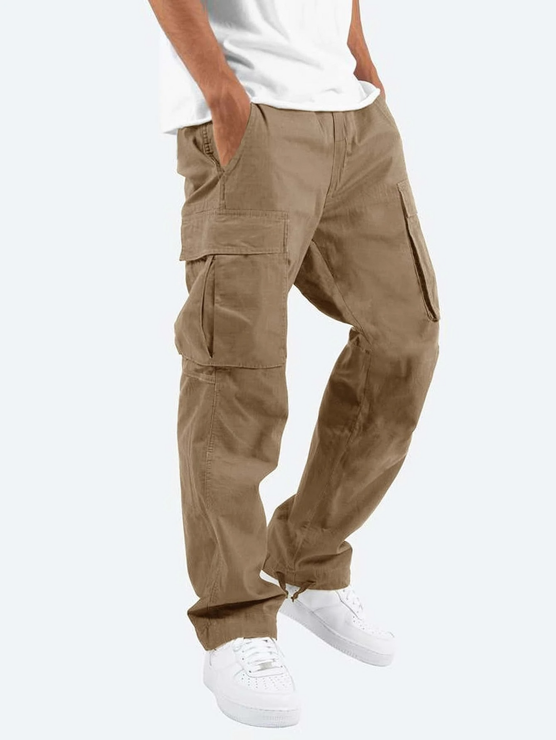 Relaxed fit men's utility cargo pants, made from breathable fabric, ideal for spring, summer, and autumn comfort.