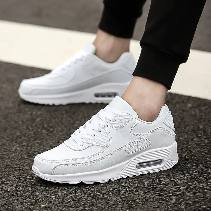 Men's comfortable white street sneakers, perfect for casual everyday style and versatile streetwear looks.