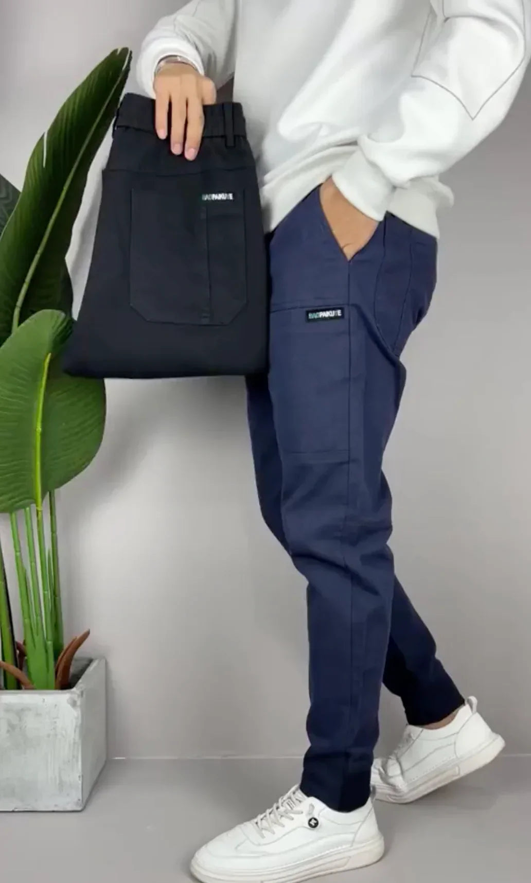Stylish men's elastic waist cargo pants in dark grey. Ideal for comfort, casual outings & everyday wear.