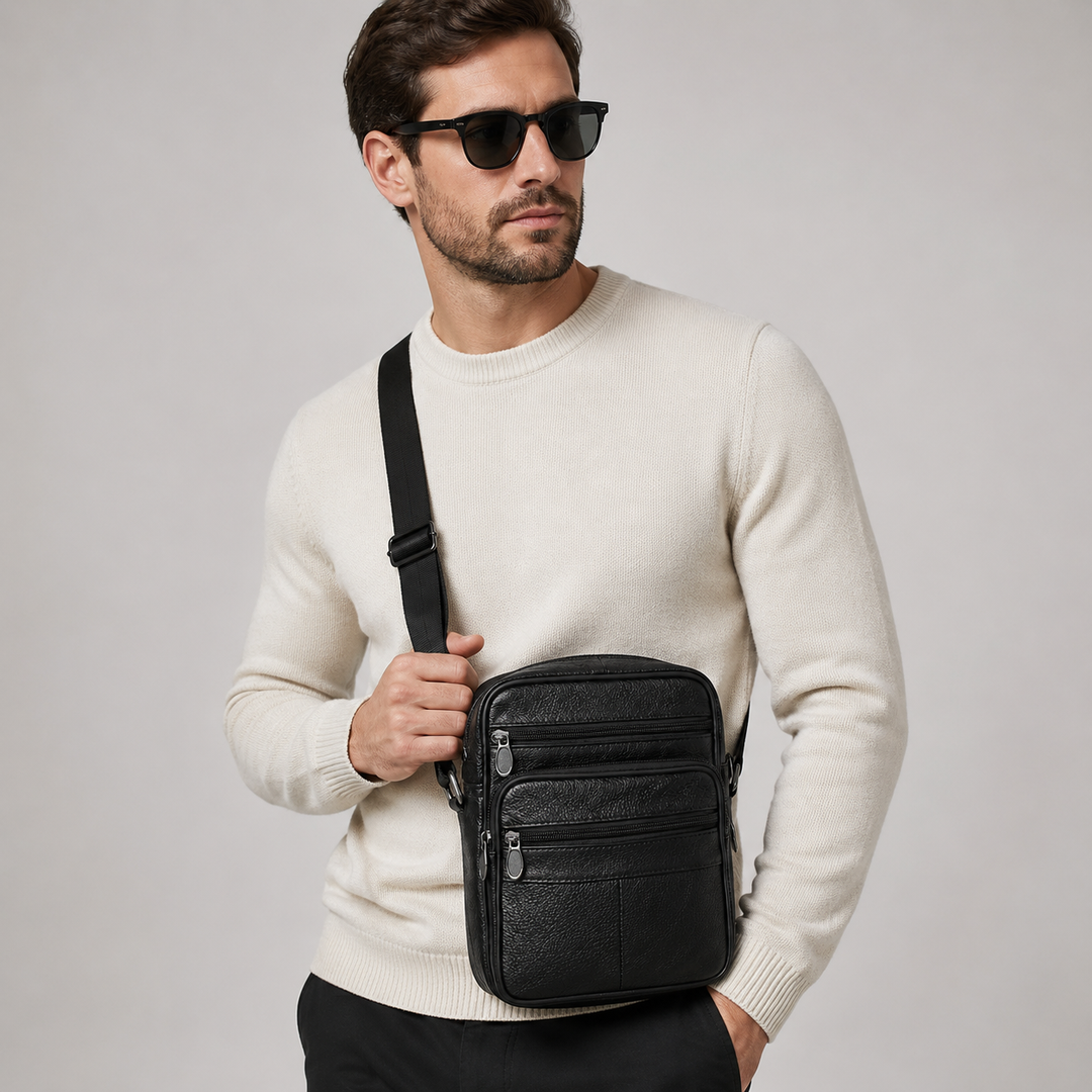 Men's compact brown leather shoulder bag, perfect for daily essentials with an adjustable strap & sleek design.