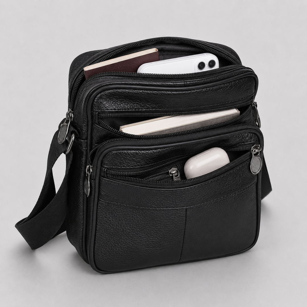 Stylish men's black leather crossbody bag, ideal for daily use & travel, offering minimalist organization.