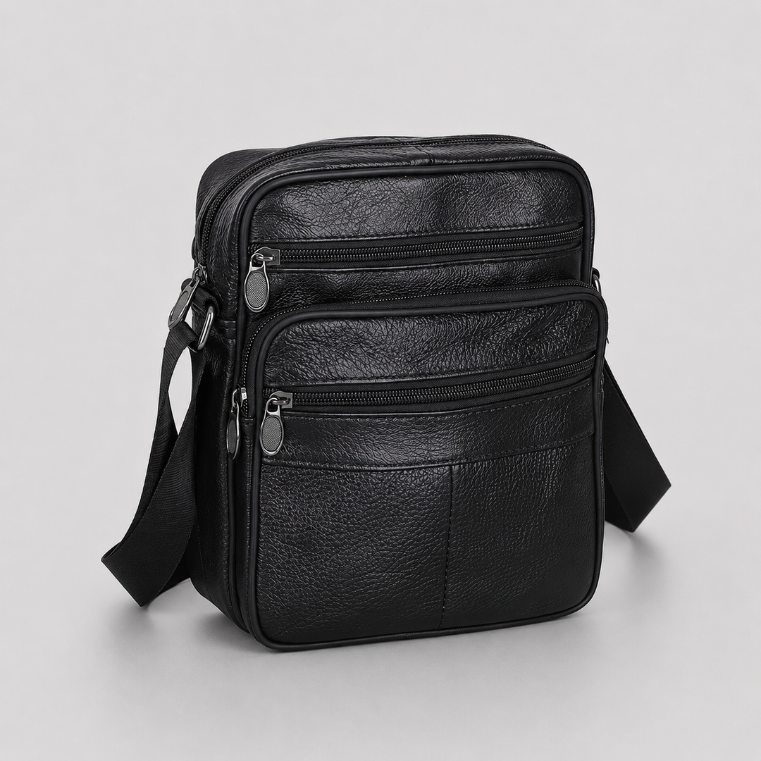 Luxury men's genuine leather shoulder bag in versatile tan, compact for business or casual daily essentials.