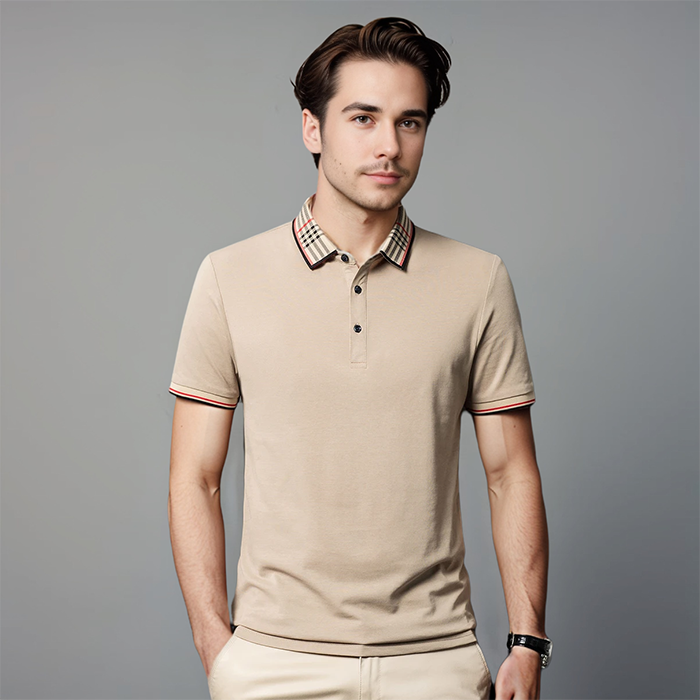 Stylish short sleeve men's polo shirt featuring a distinctive contrast collar. Perfect for a polished smart casual look.