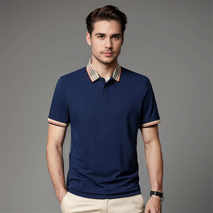 Close-up of the elegant contrast collar on a men's short sleeve polo shirt, highlighting the polished style.