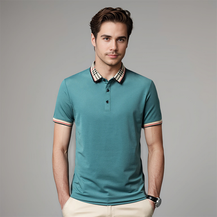 Front view of a men's modern fit polo shirt, showcasing its comfortable fabric & stylish contrast collar.