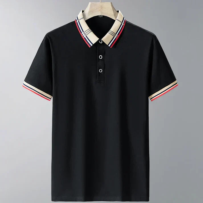 Detail of the comfortable short sleeve & fabric of a men's contrast collar polo shirt, perfect for everyday.