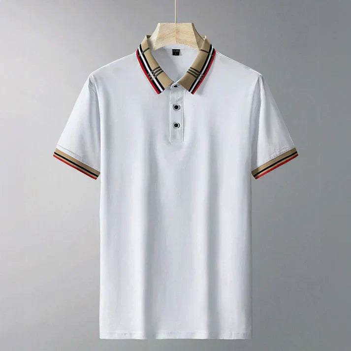 Back view of a men's modern fit short sleeve polo, emphasizing its clean lines & comfortable design.