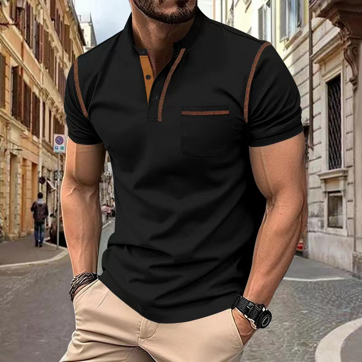 Men's contrast polo shirt, sporty-elegant. Versatile casual or smart casual style in black, white, red, blue.