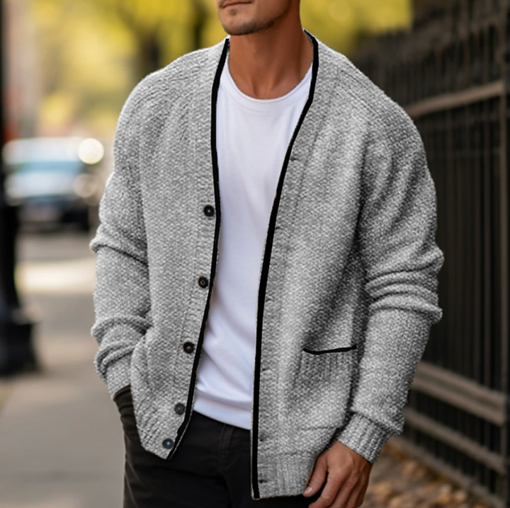 Men's cozy button-down V-neck cardigan sweater for smart casual autumn & winter layering. Everyday style.