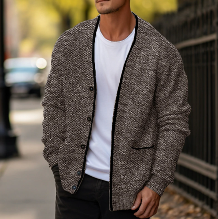 Soft, cozy men's button-down cardigan sweater, perfect for casual everyday wear in autumn & winter fashion.