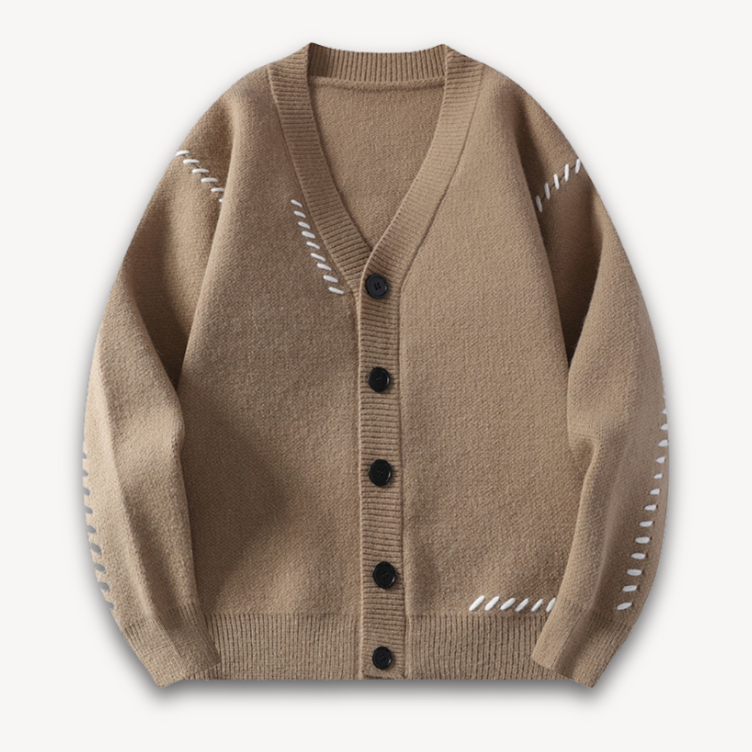 Comfortable men's cozy knitted button-up cardigan sweater, perfect for casual winter and fall fashion.