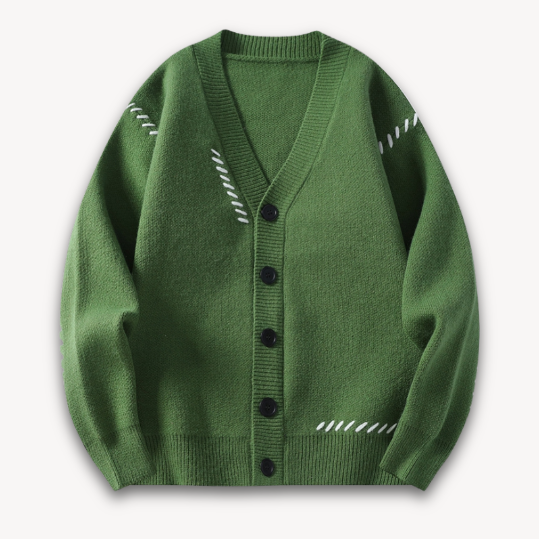 Men's long-sleeve button-up knitted cardigan sweater, offering cozy comfort and modern style.