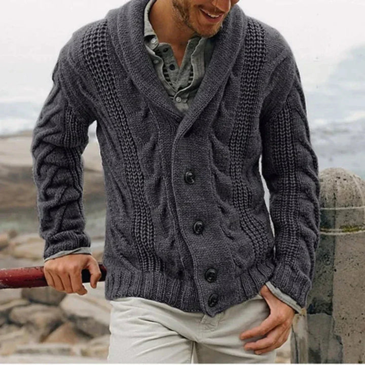 Stylish men's shawl collar cable knit jacket. Offers warmth & cozy comfort, great for layering over casual outfits.