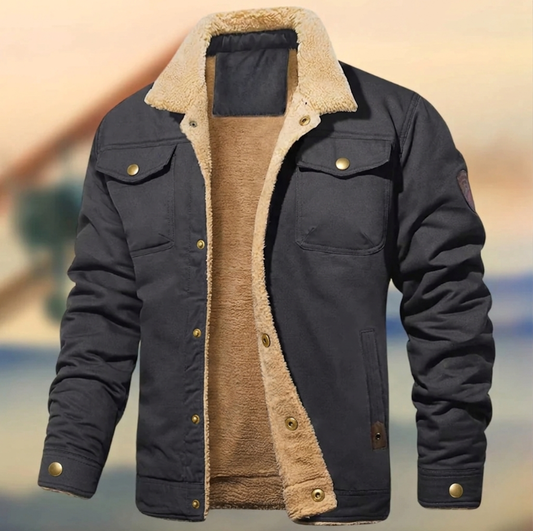 Men's everyday casual jacket featuring a warm, cozy collar. Perfect fall and winter outerwear.