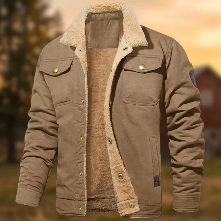 Fashionable men's jacket with a cozy collar, designed for casual fall and winter style.