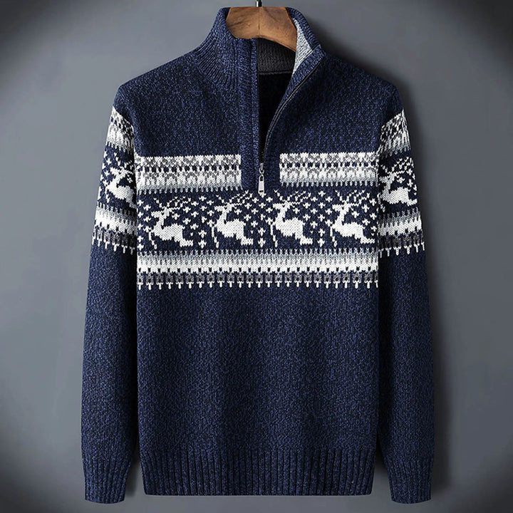 Men's cozy Fair Isle half-zip sweater for festive winter style. Warm long-sleeve pullover for holiday casual wear.