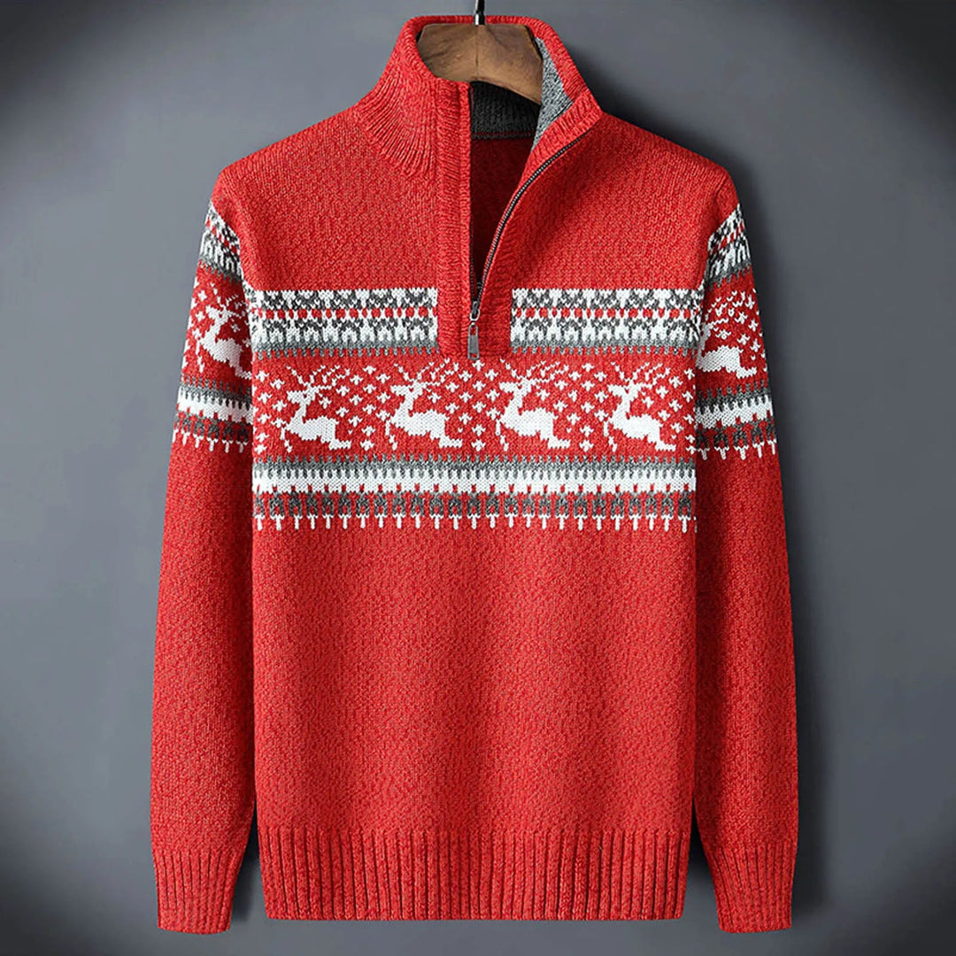 Classic men's Fair Isle half-zip sweater. Cozy, warm pullover with festive winter pattern, perfect for casual wear.