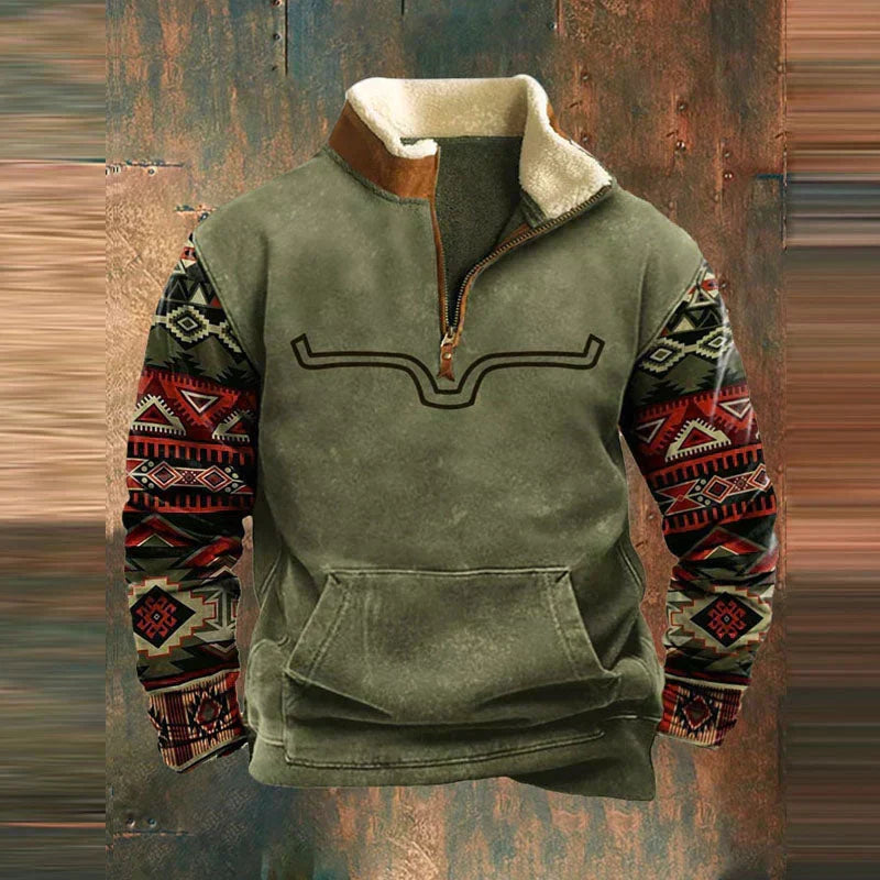 Men's cozy orange western quarter-zip pullover with buffalo skull print. Warm casual top for winter fashion.