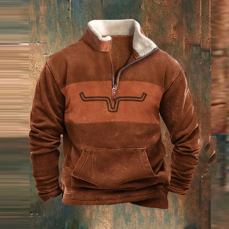 Comfortable khaki men's western quarter-zip pullover. Ideal warm layering piece for cold weather and casual style.