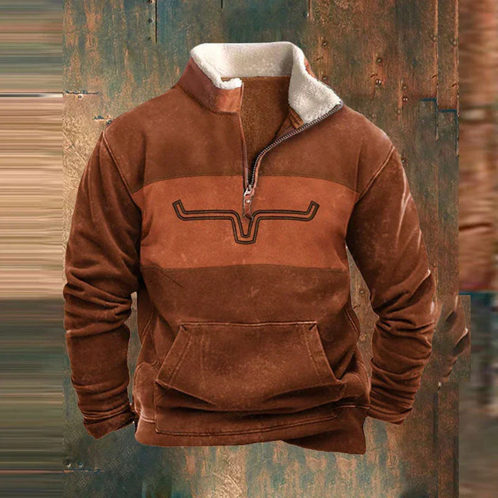 Comfortable khaki men's western quarter-zip pullover. Ideal warm layering piece for cold weather and casual style.