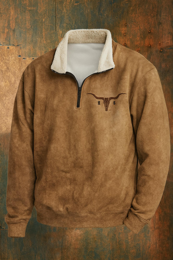 Stylish men's khaki western quarter-zip pullover with unique buffalo skull print. Essential warm apparel for winter.