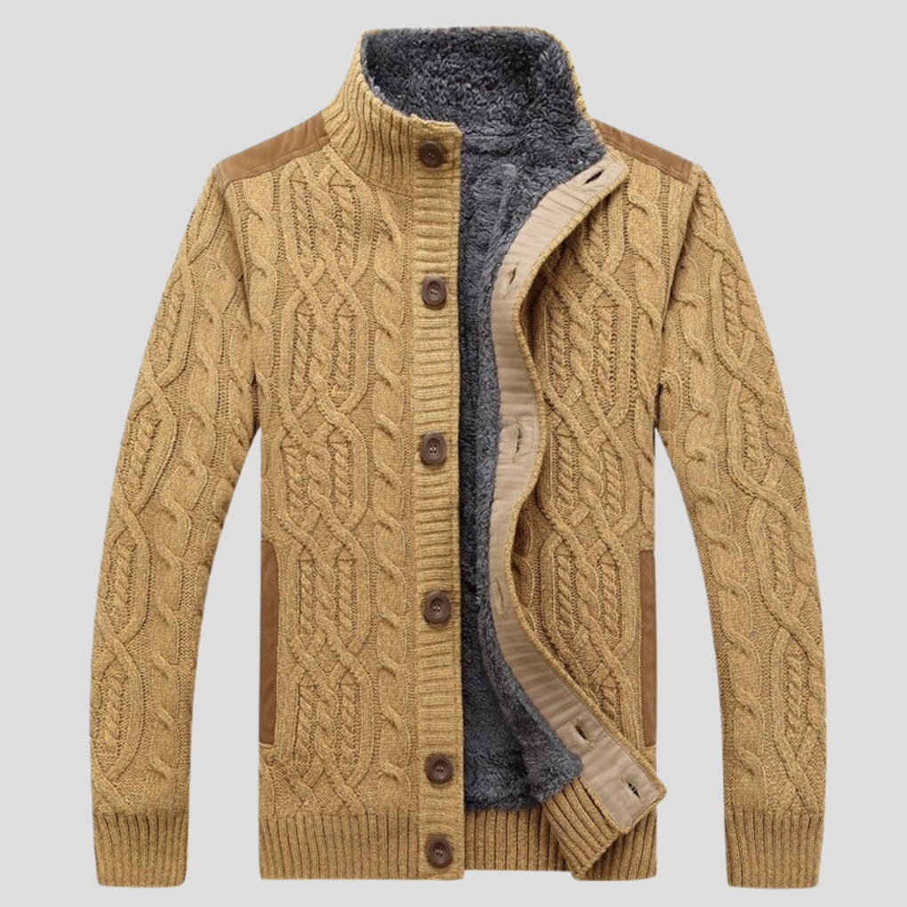 Men's cozy plush-lined cardigan in a neutral color, perfect for warm winter layering and everyday casual wear.