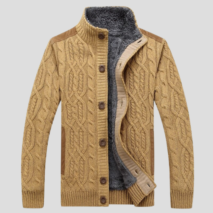 Men's cozy plush-lined cardigan in a neutral color, perfect for warm winter layering and everyday casual wear.