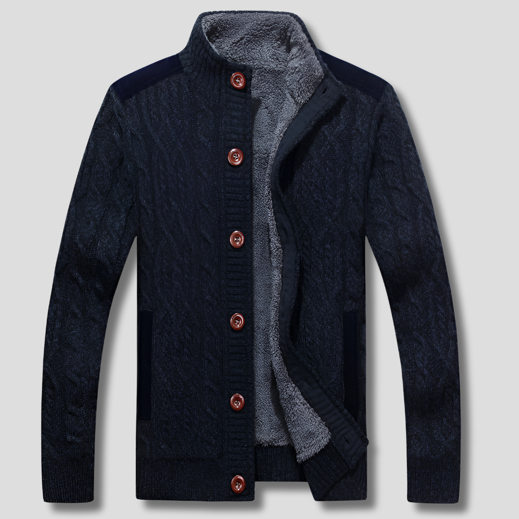 Soft, plush-lined men's button-front cardigan, a comfortable and warm outerwear piece for winter fashion.