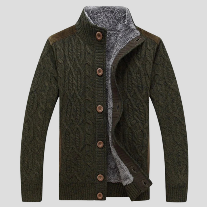 Warm men's long-sleeve plush-lined cardigan, ideal for comfortable layering and versatile everyday wear in winter.
