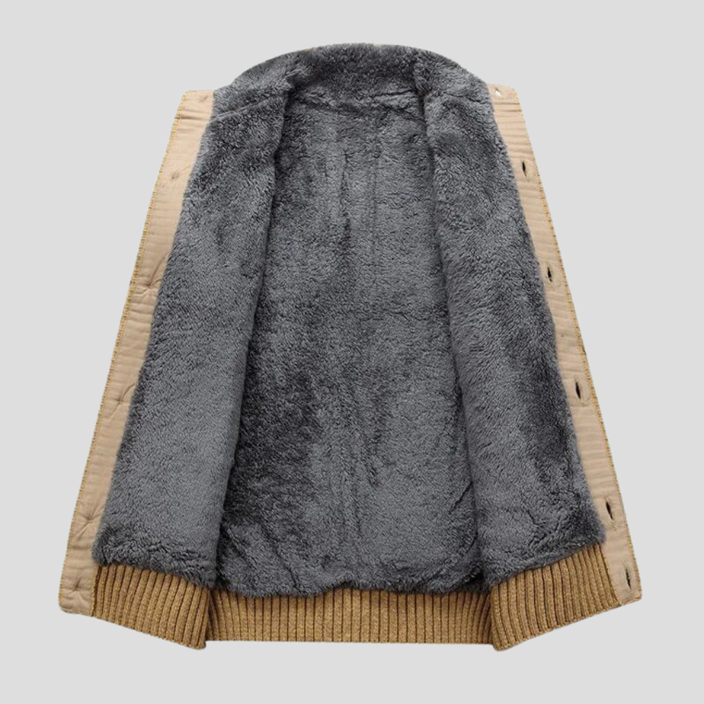 Stylish men's plush-lined cardigan with button front, a soft and warm outerwear essential for cold weather.