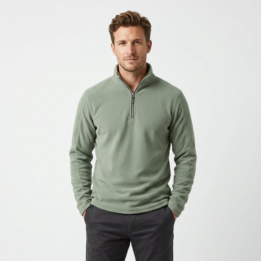 Men's cozy quarter-zip henley sweatshirt in a neutral color, perfect for casual autumn layering.
