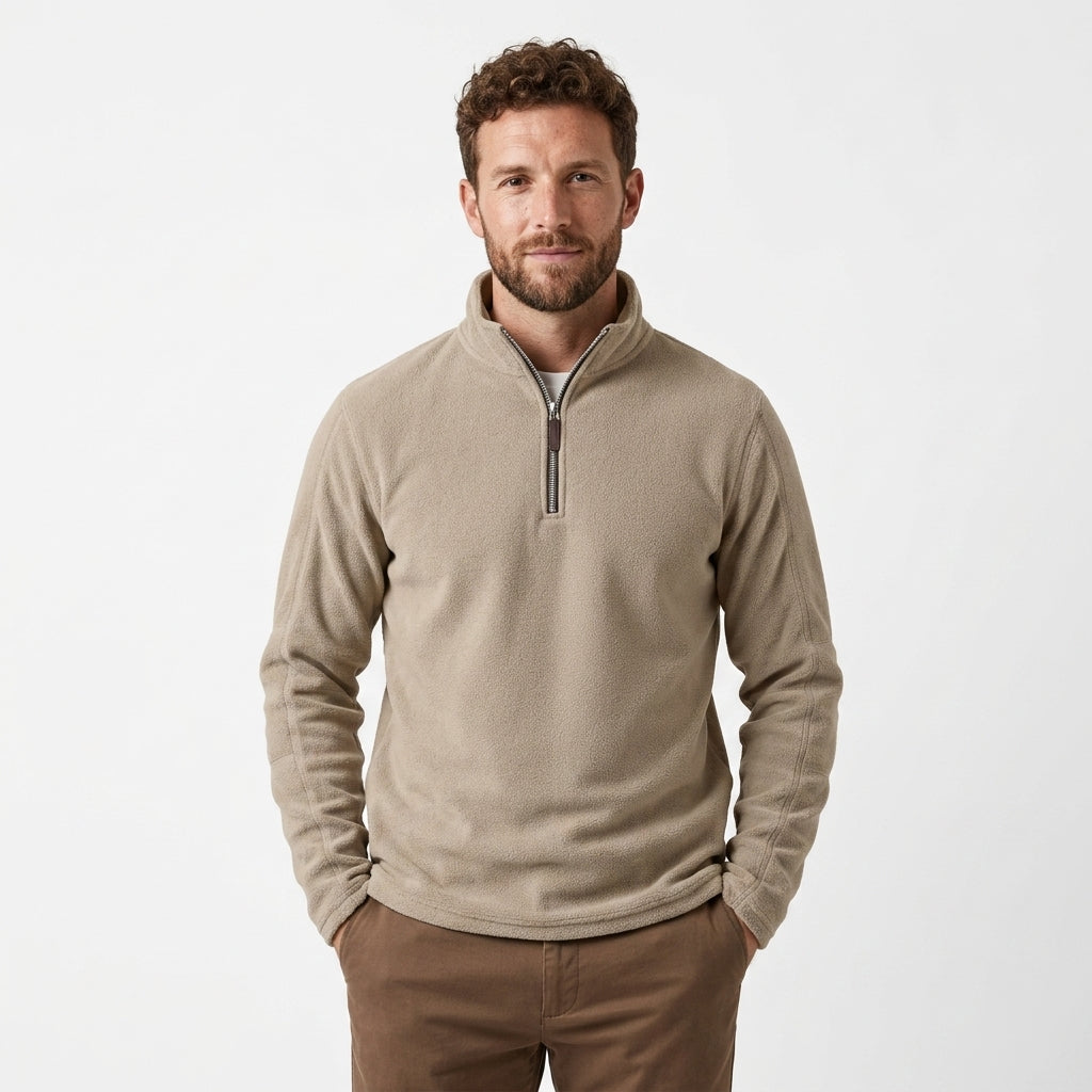 Comfortable men's long-sleeve quarter-zip henley sweatshirt, ideal for versatile winter fashion.