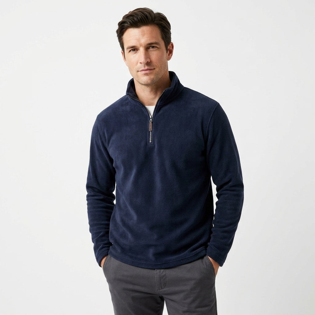 Stylish men's quarter-zip henley sweatshirt with cozy fabric, great for layering in cooler weather.