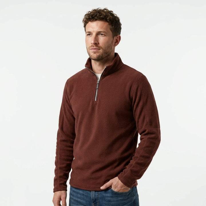 Casual men's henley sweatshirt, quarter-zip closure, perfect for chilly autumn days or comfortable lounging.