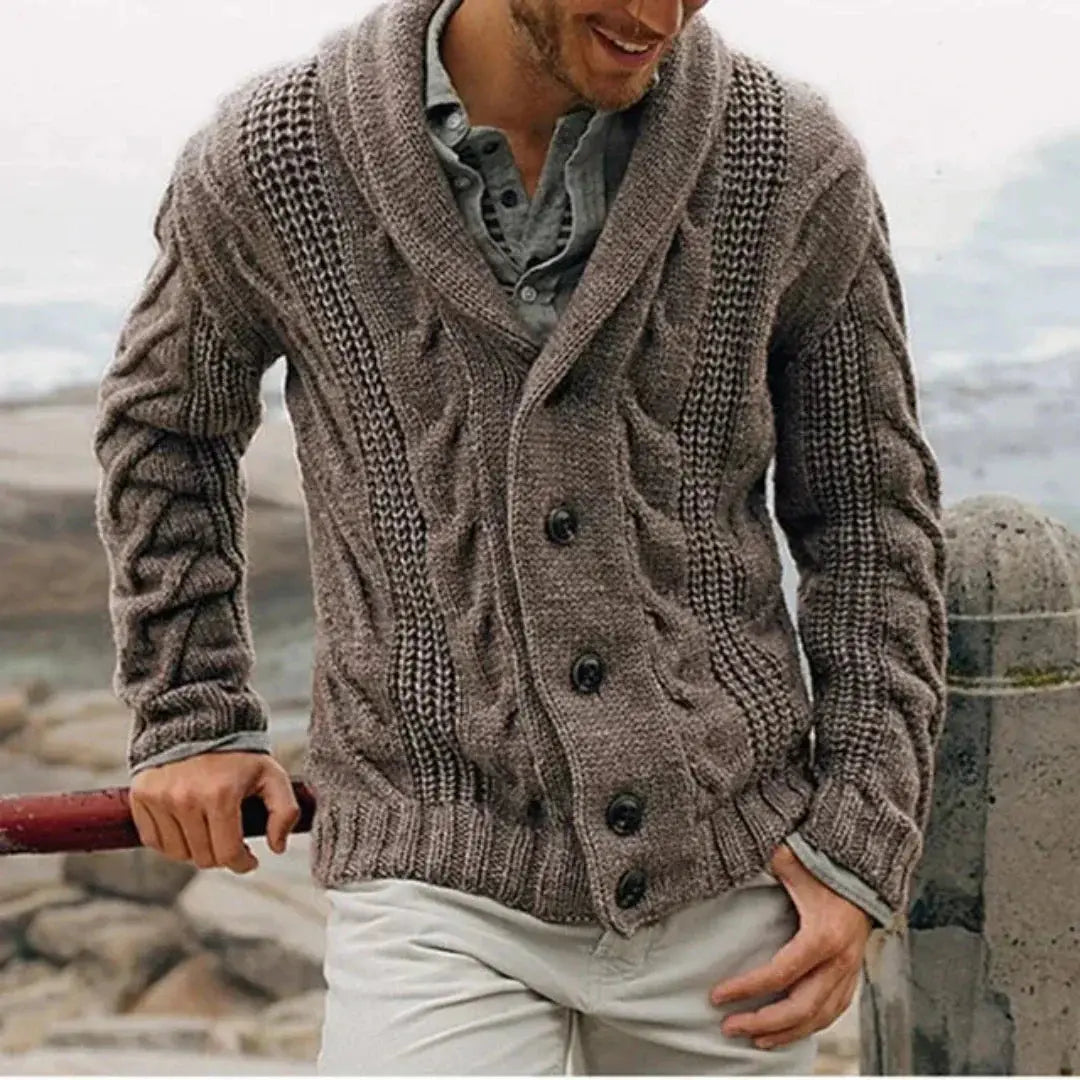 Close-up of a men's textured shawl collar jacket, showcasing its cozy fabric and relaxed fit. Ideal winter outerwear.