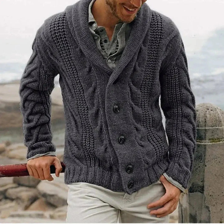 Stylish men's relaxed fit jacket with a distinct shawl collar and textured design. Versatile casual outerwear.