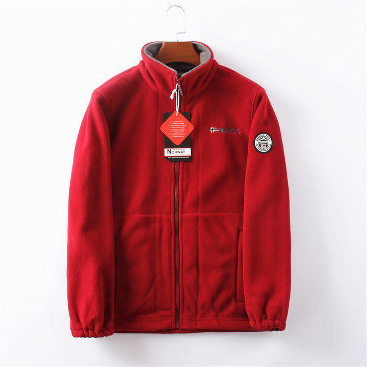 Close-up of men's durable winter jacket fabric, showcasing ultimate warmth & comfort for cold weather outdoor activities.