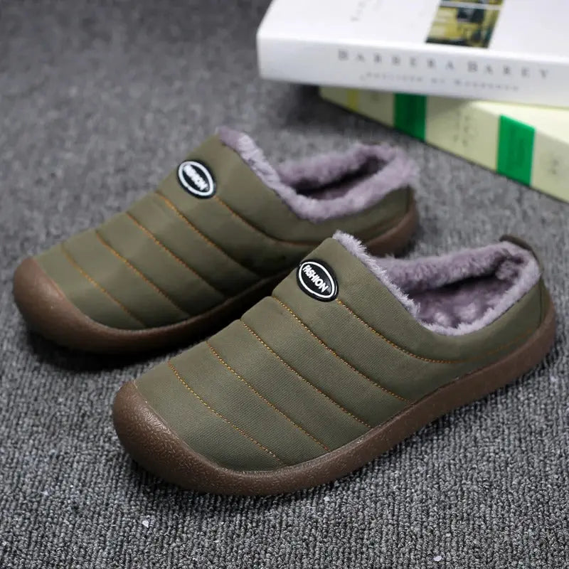 Warm men's winter slippers, slip-on style, perfect for cold weather indoor comfort at home.