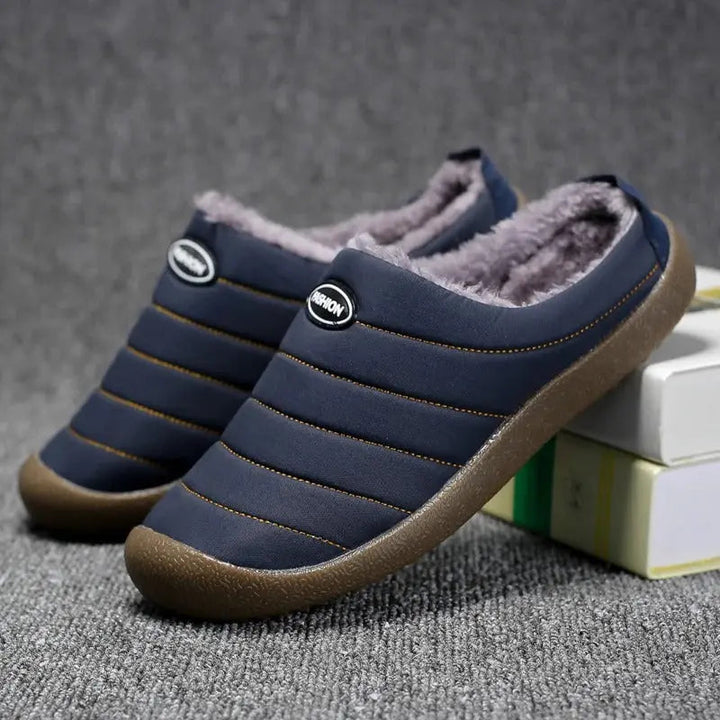 Non-slip sole men's winter house shoes, cozy slip-on design for safe indoor movement.