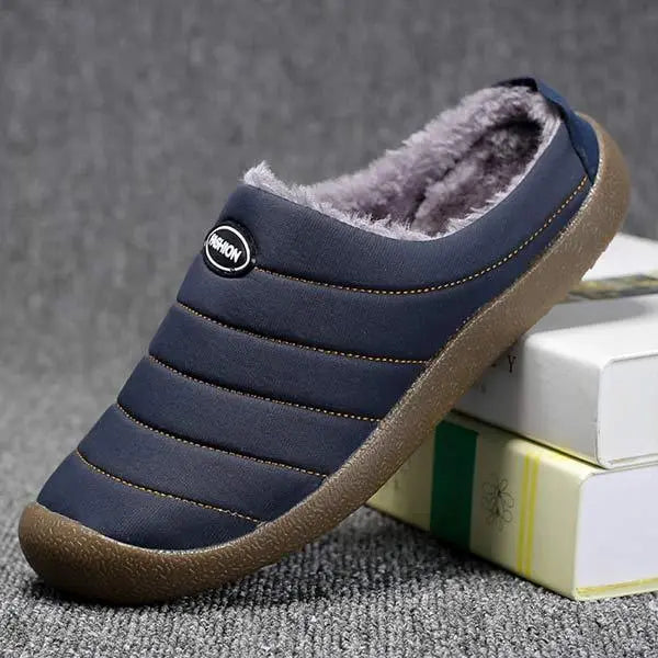 Dark grey men's cozy slip-on winter house shoes, comfortable indoor footwear for men.