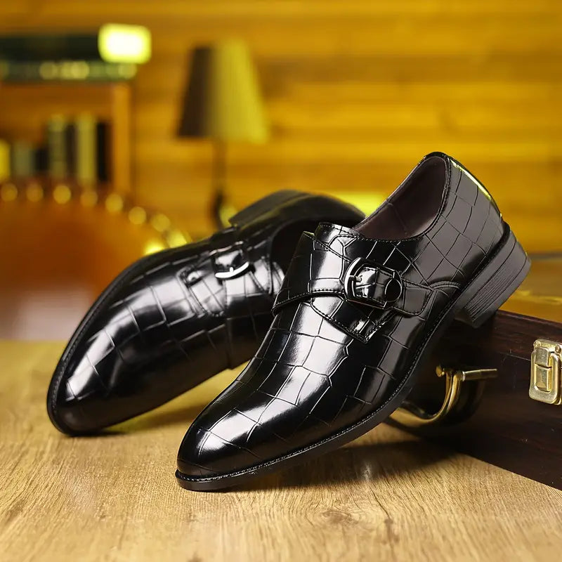Versatile men's crocodile-pattern dress loafers, easy slip-on, with a distinctive buckle and tapered toe.