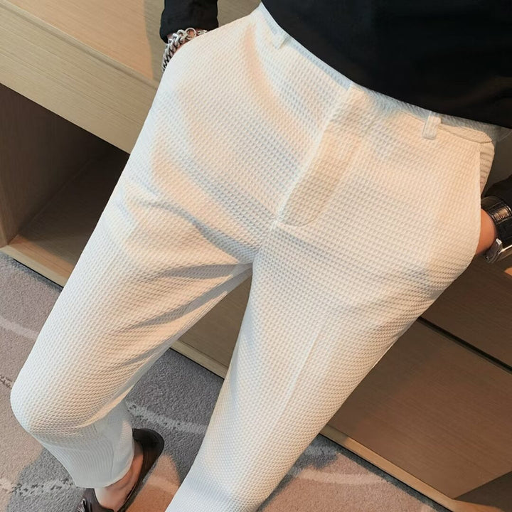 Stylish men's slim fit cropped chinos, perfect for a smart casual modern look. Comfortable and trendy menswear.