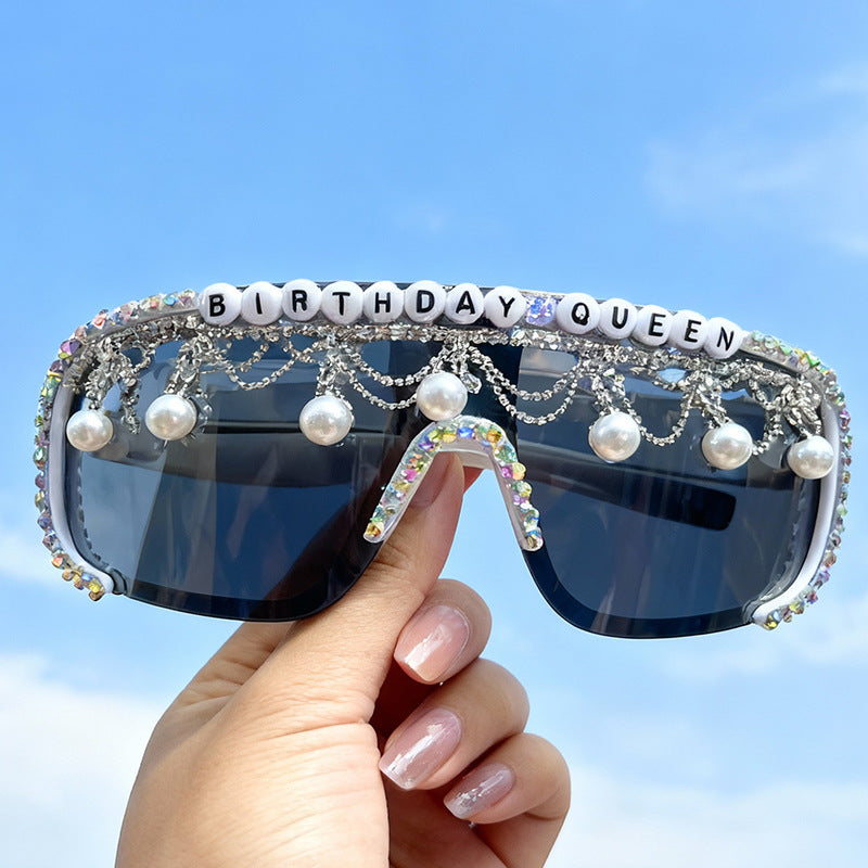 Men's decorative pearl & rhinestone sunglasses. Stylish glamour eyewear, perfect for parties & fashion. UV protection shades.