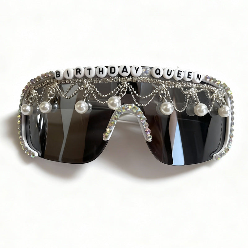 Stylish men's party sunglasses, adorned with pearls & rhinestones. Glamour eyewear, a trending fashion accessory with UV protection.