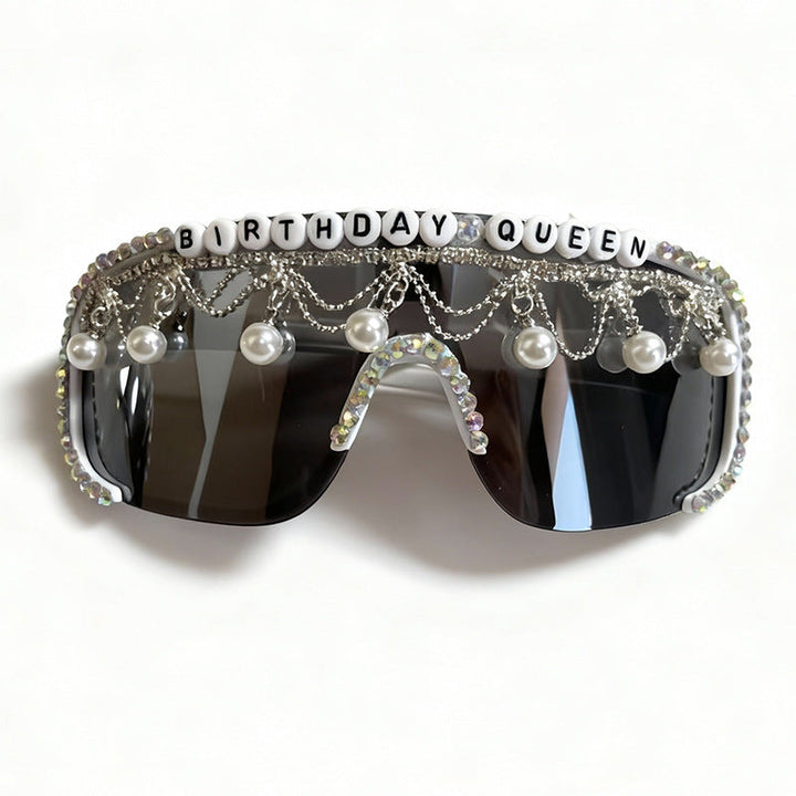 Stylish men's party sunglasses, adorned with pearls & rhinestones. Glamour eyewear, a trending fashion accessory with UV protection.