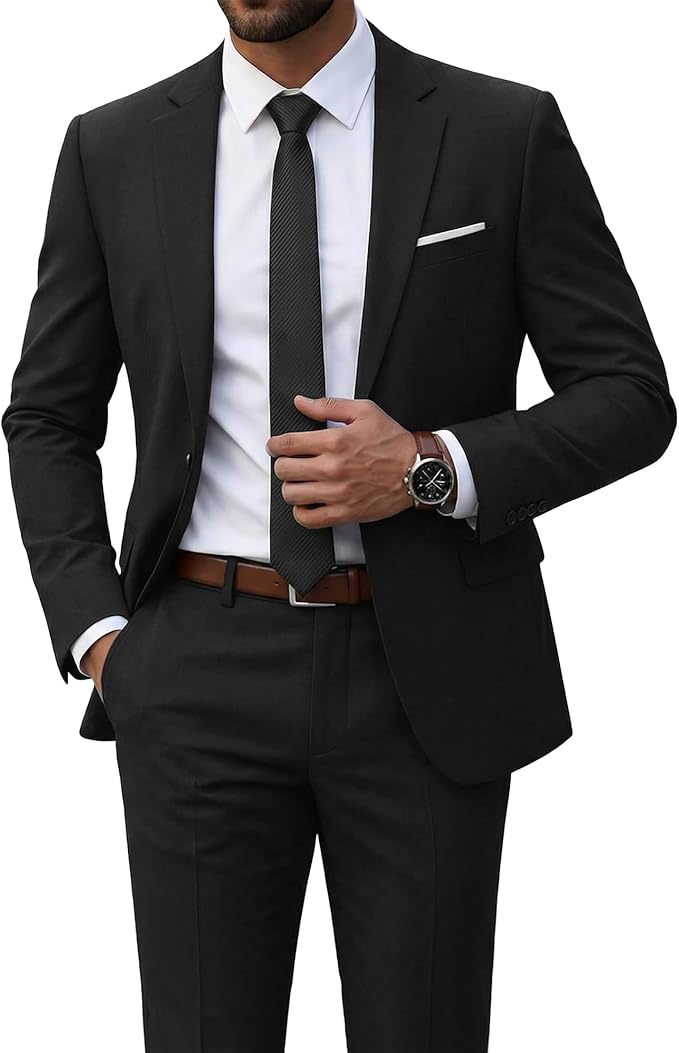 Men's digital print slim fit suit set, modern style & comfort. Two-piece for smart casual fashion.