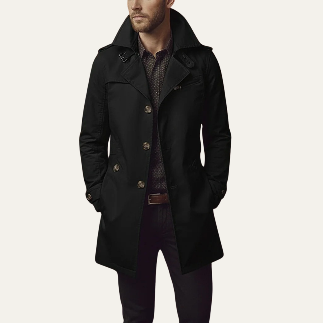 Men's double-breasted pea coat, classic navy, perfect for winter cold weather & smart casual style.