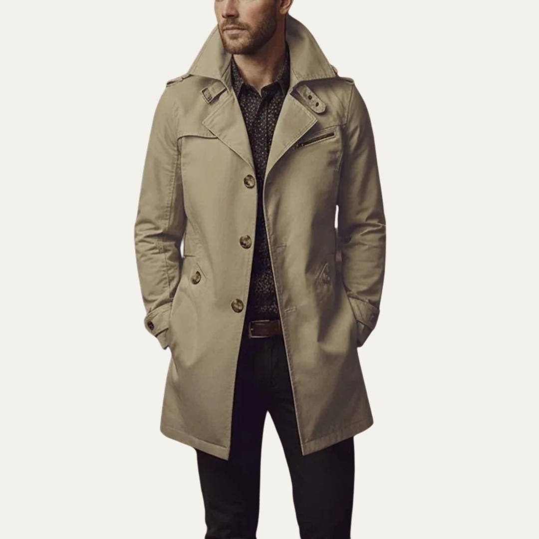 Elegant men's pea coat, double-breasted design, perfect for sophisticated autumn fashion & outerwear.