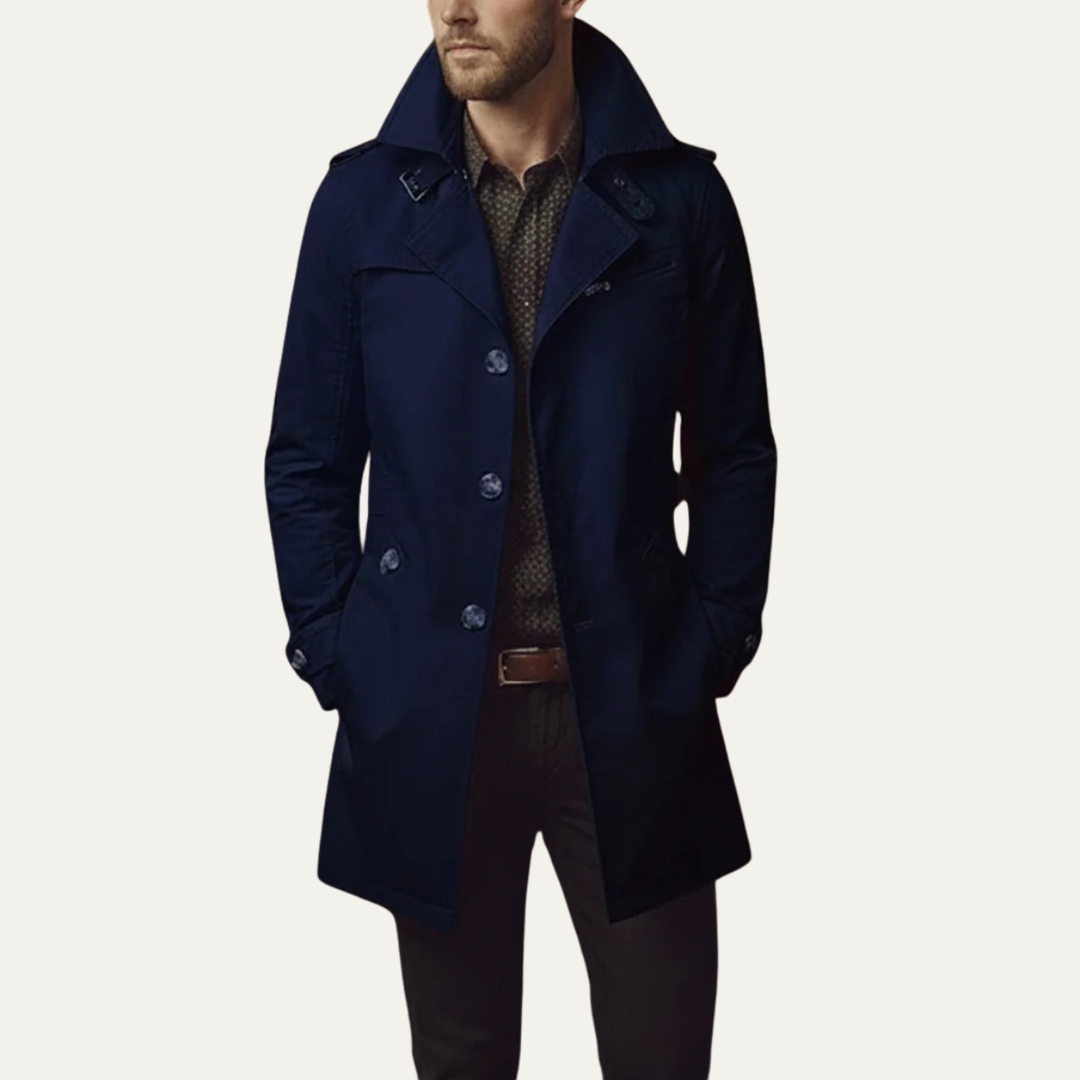 Warm men's double-breasted pea coat, essential winter jacket for cold weather & classic men's style.